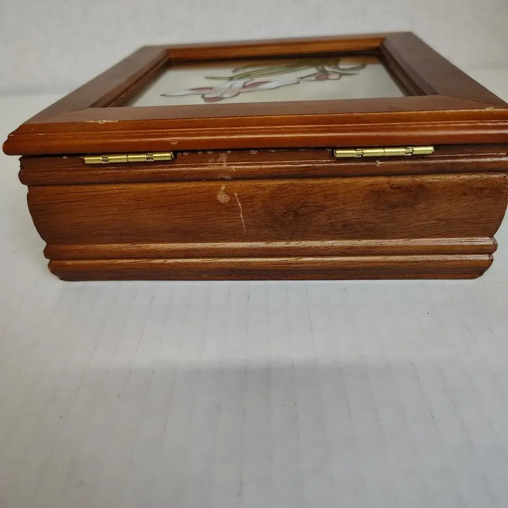 Wood Glass Top Jewelry Box Stained Glass Floral Ring Display Trinket Box